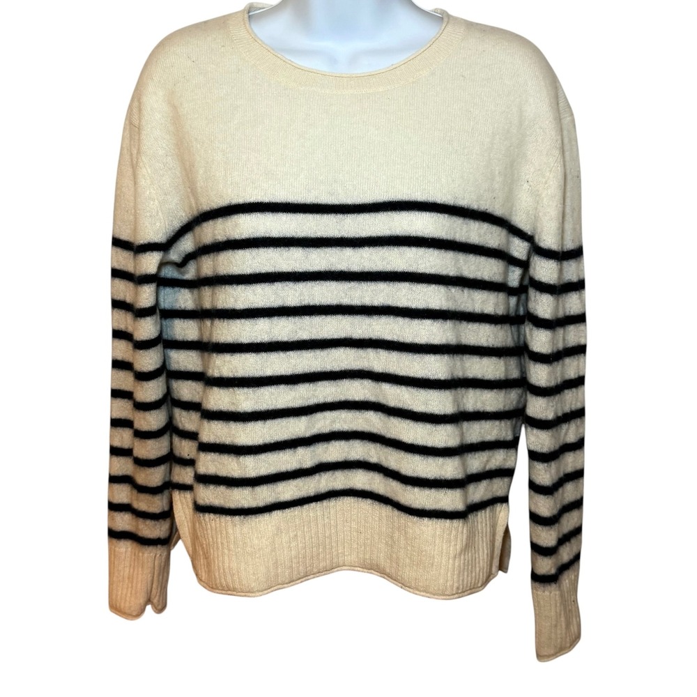 Rachel Zoe 100% 2-Ply Cashmere Striped Crewneck Sweater Cream Navy Womens Medium